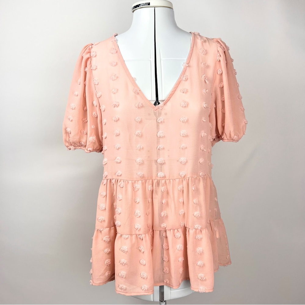 NWT Blu Pepper Light Pink V Neck Shortleeve Tiered Top Size S